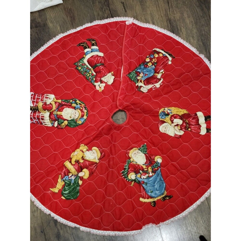 Vintage Christmas Tree Skirt 33” Santa Quilt Lace Red